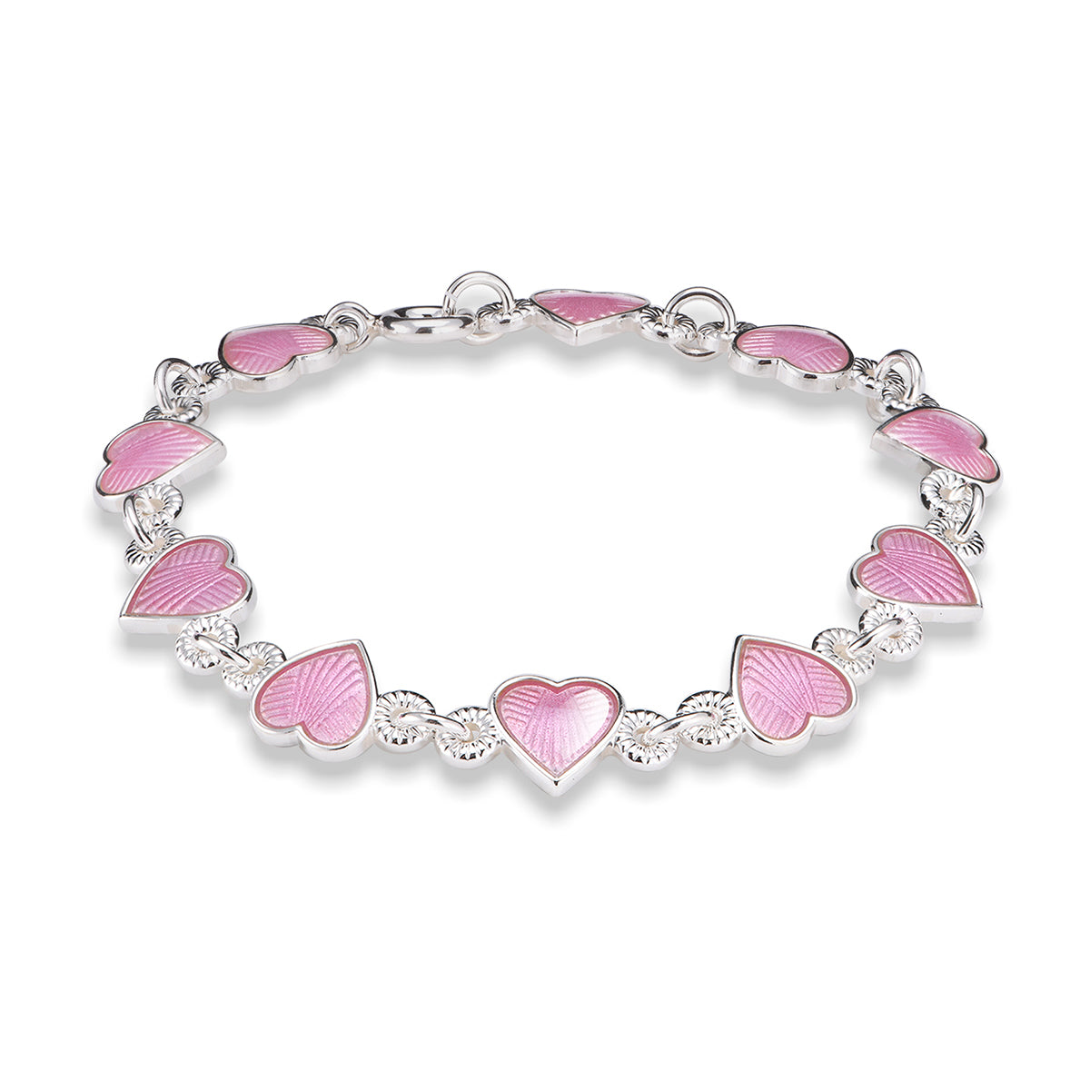 Armbånd i sølv med rosa emaljehjerter