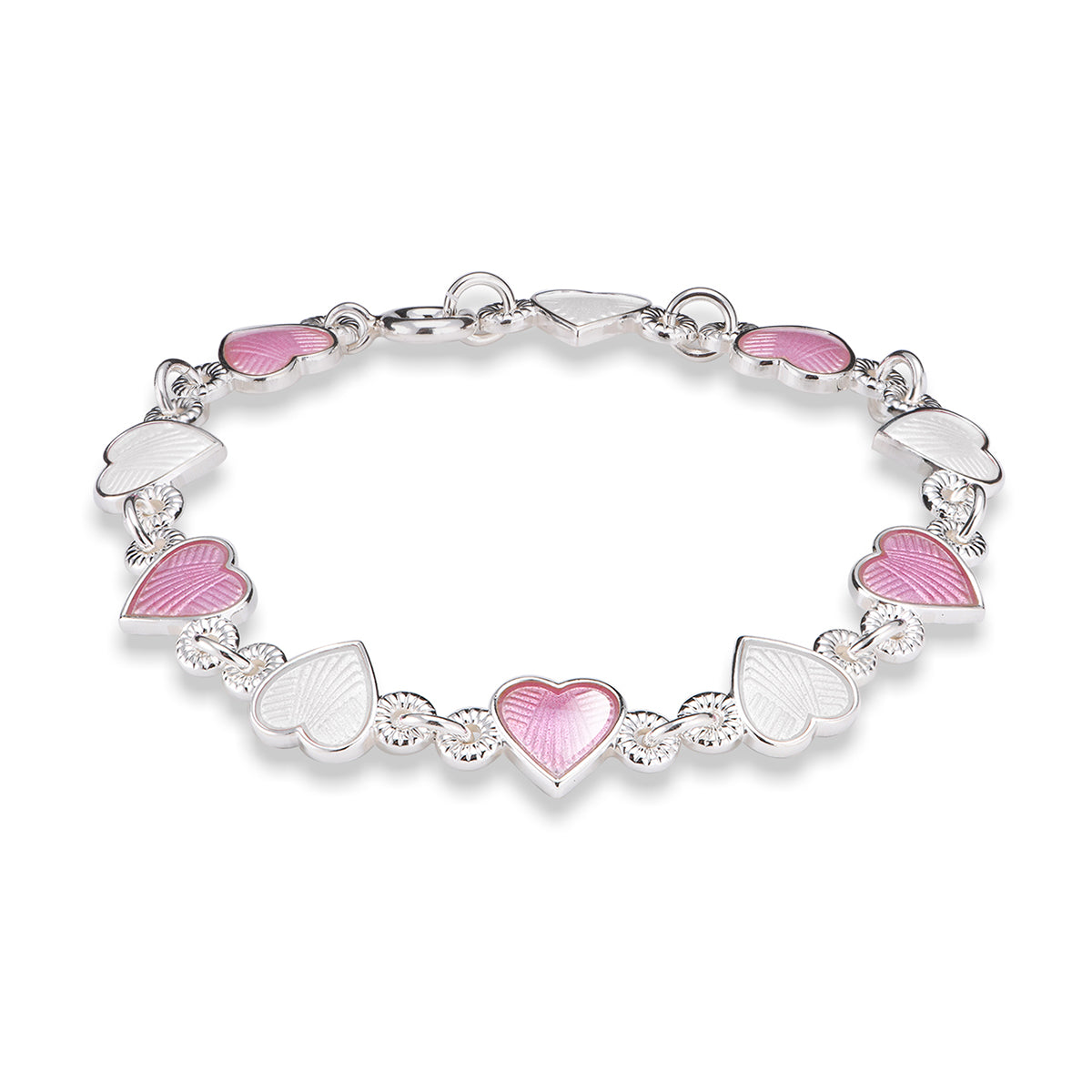 Armbånd i sølv med hvite og rosa emaljehjerter