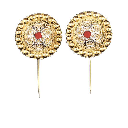 Borenåler i forgylt med lang nål og rød stein 057537