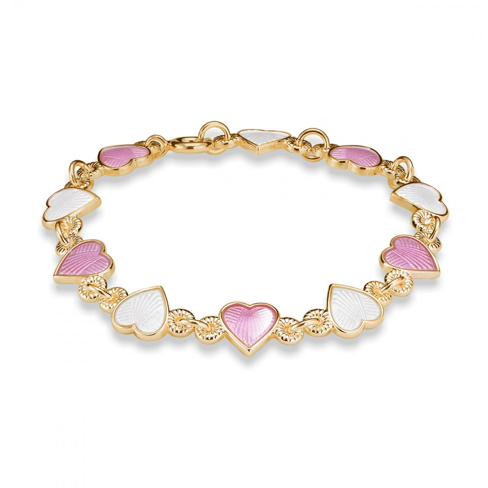 Armbånd i forgylt med rosa og hvite emaljehjerter