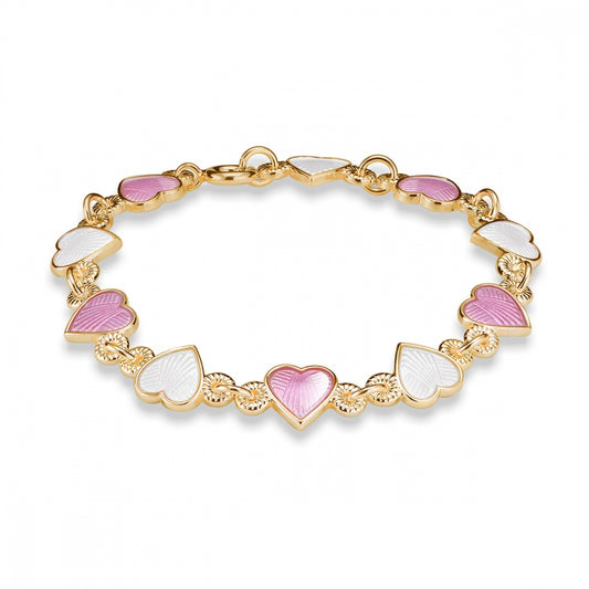 Armbånd i forgylt med rosa og hvite emaljehjerter